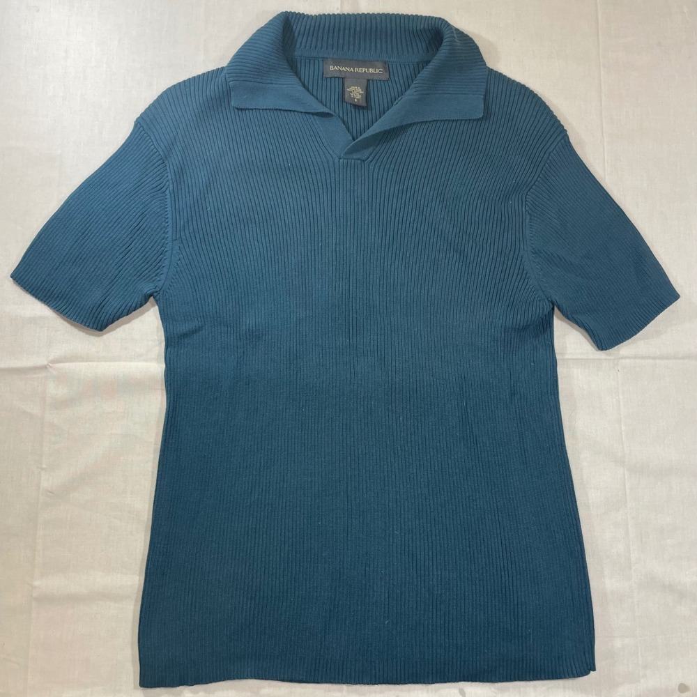 Banana Republic Mens Small Teal Blue 100% Cotton Ribbed Short Sleeve Polo Shirt